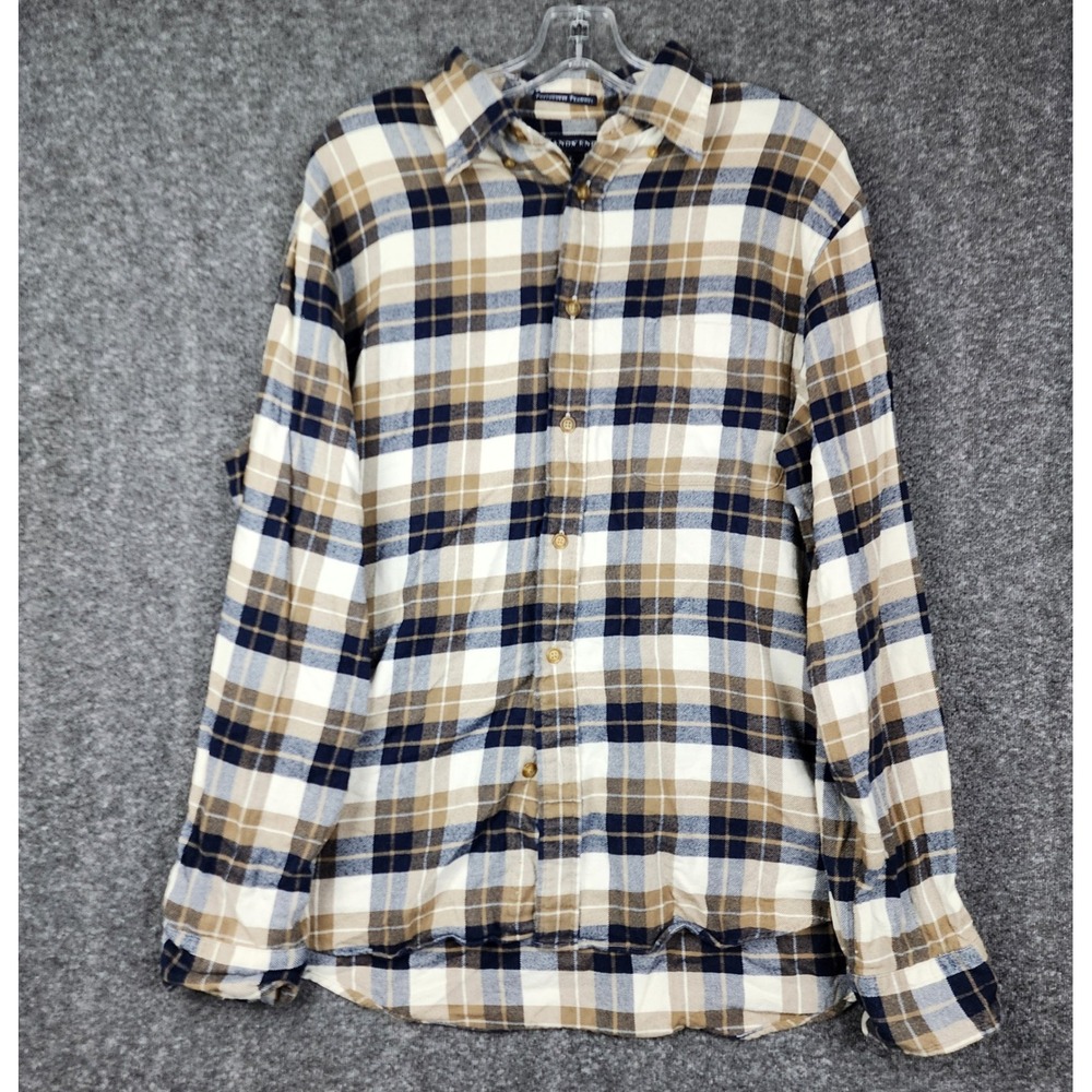 Lands' End Portuguese Flannel Shirt Mens‎ Large Blue Tan Plaid Button Down L